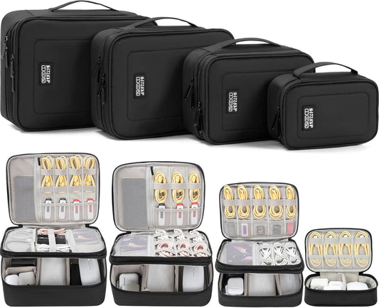 AKOZLIN Estuche organizador de cables con divisor ajustable, 4 unids/set acolchado organizador de cables bolsa de viaje electrónica de doble capa, bolsa de archivo de cable de DJ, color negro