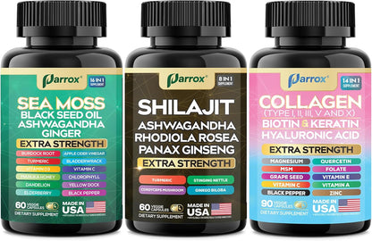 Parrox Ultimate Wellness Trio - Musgo marino, aceite de semilla neg...