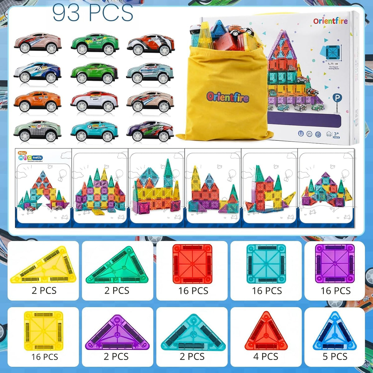 Juego de 93 miniazulejos magnéticos con 12 coches, bloques de const...