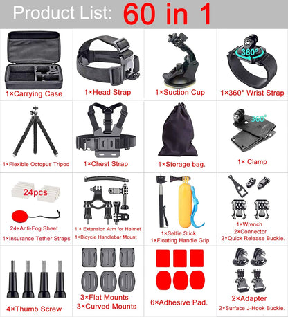 Kit de accesorios para cámara 60 en 1 compatible con GoPro Hero 13 12 11 10 9 8 7 6 /Session 5/Hero 4/3+/3/2/1, Insta360, DJI Osmo Action, AKASO, APEMAN, Campark, SJCAM