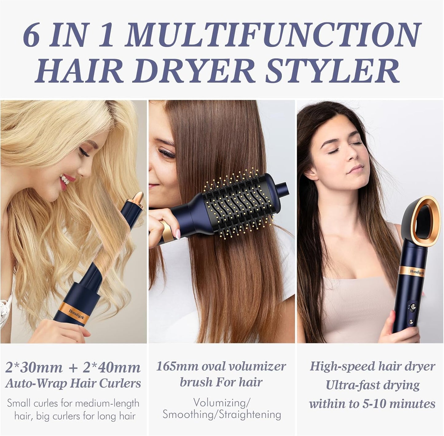 Homdigrk Set de Cepillo Secador de Pelo 6 en 1 y Rizador de Cabello...