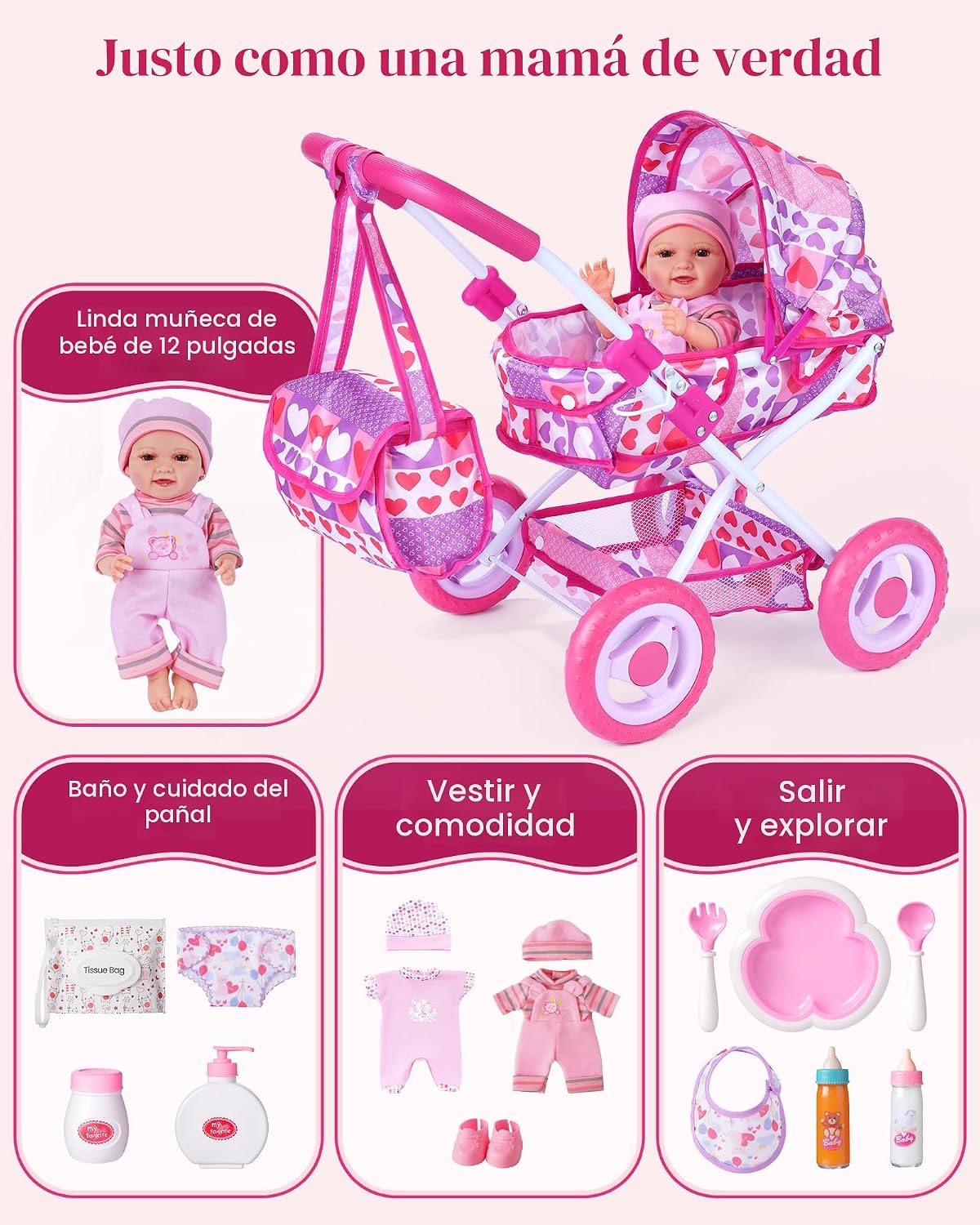 BABESIDE Juego de cochecito de muñeca de bebé con muñeca de 12 pulg...