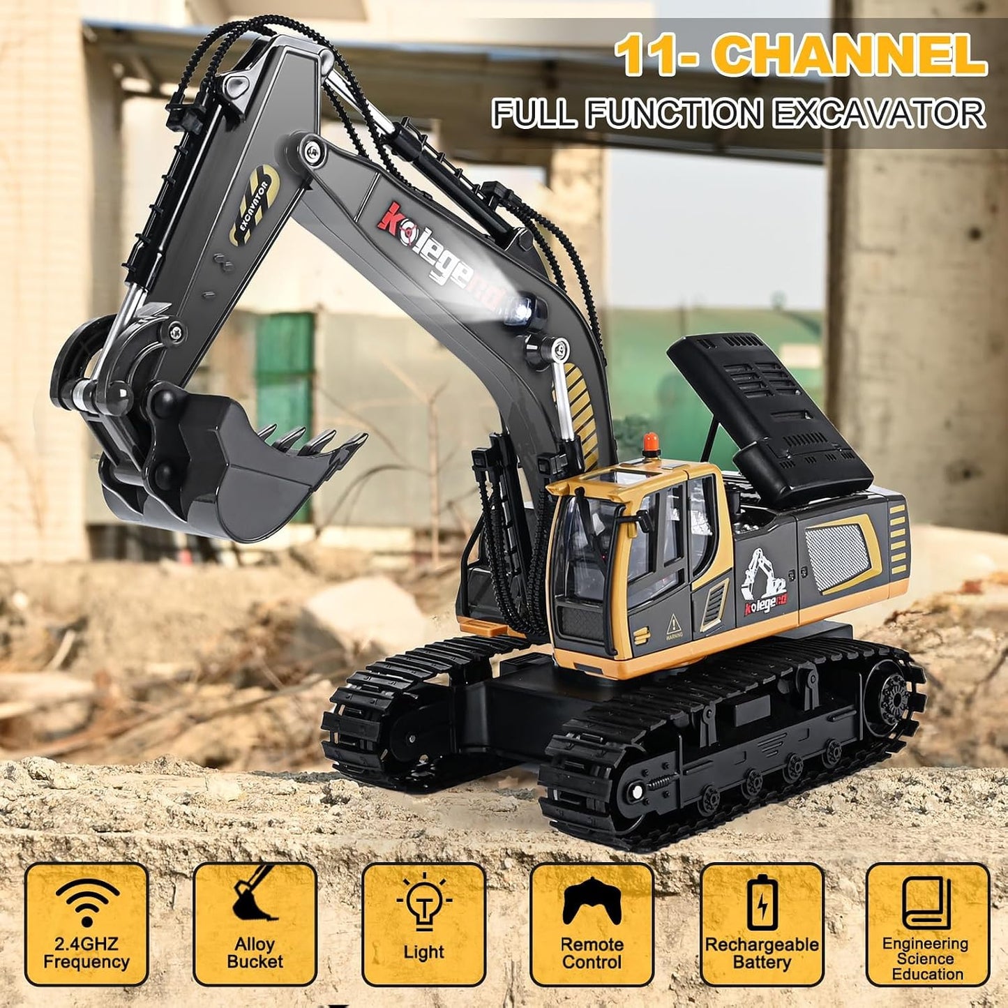 kolegend - Juguete de excavadora a control remoto de 16 pulgadas, v...