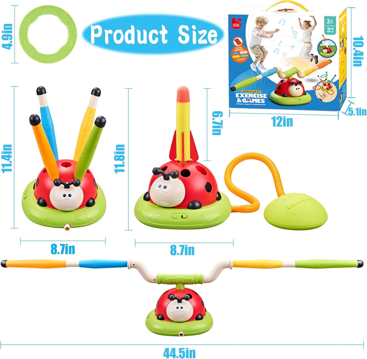 Engfa Juego de salto musical 3 en 1, juego de lanzar anillos y lanzador de cohetes pisoteador para niños, juguetes para niñas y niños de 3-5 años, juguete deportivo y al aire libre para edades de 5-7