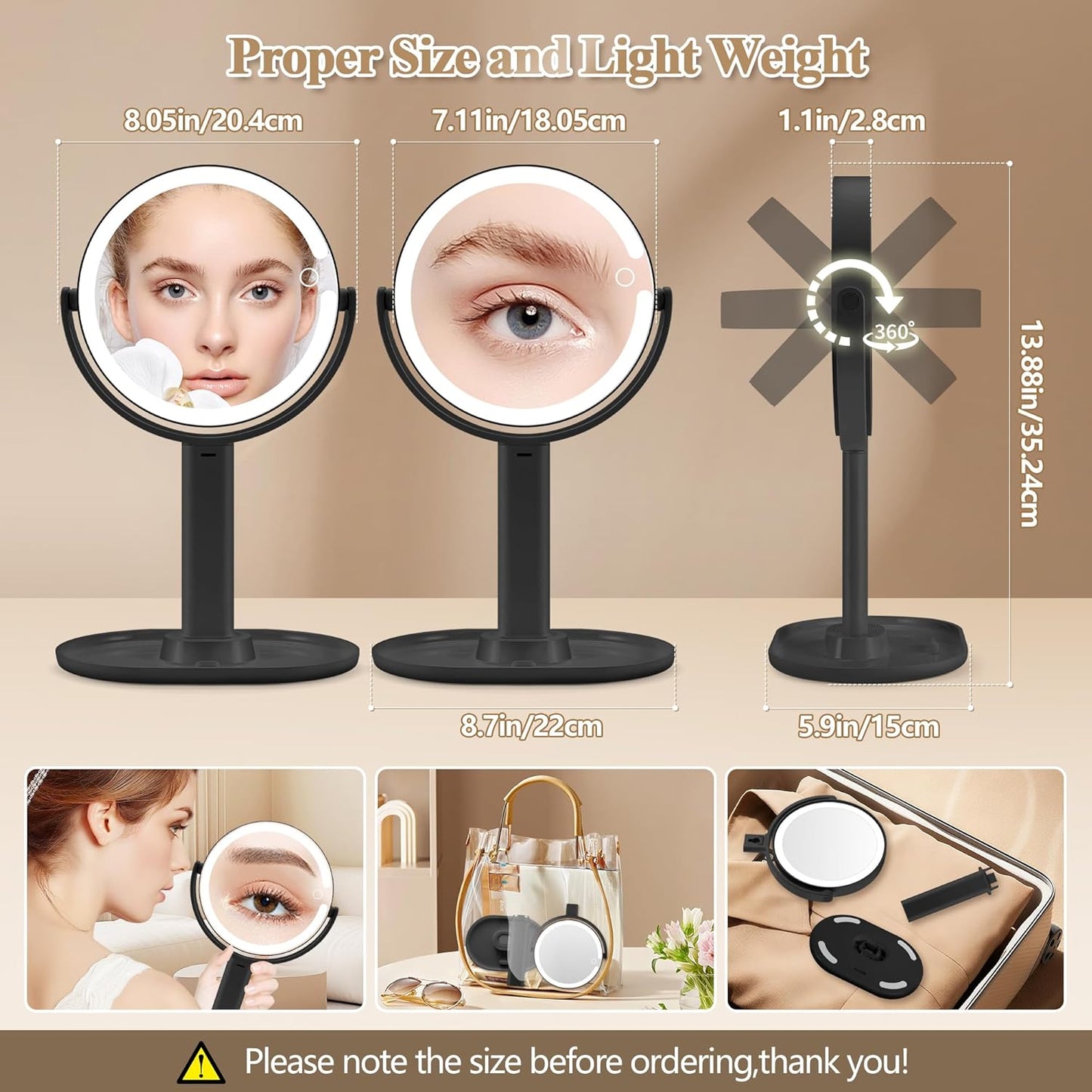 MOMOKUBA Espejo de maquillaje con luces, espejo de aumento de doble...