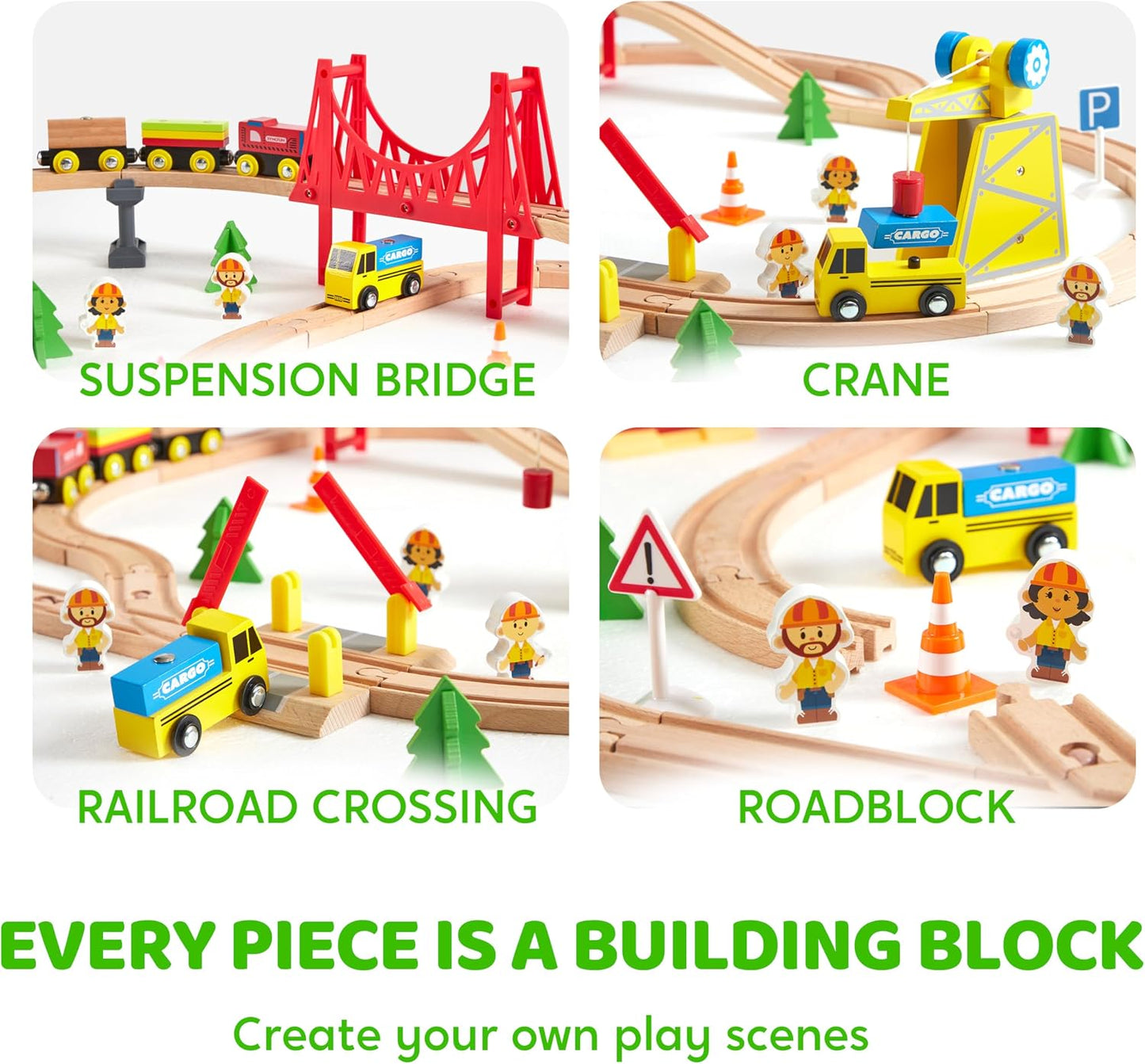 Juego de trenes de madera de 60 piezas, trenes magnéticos de juguet...