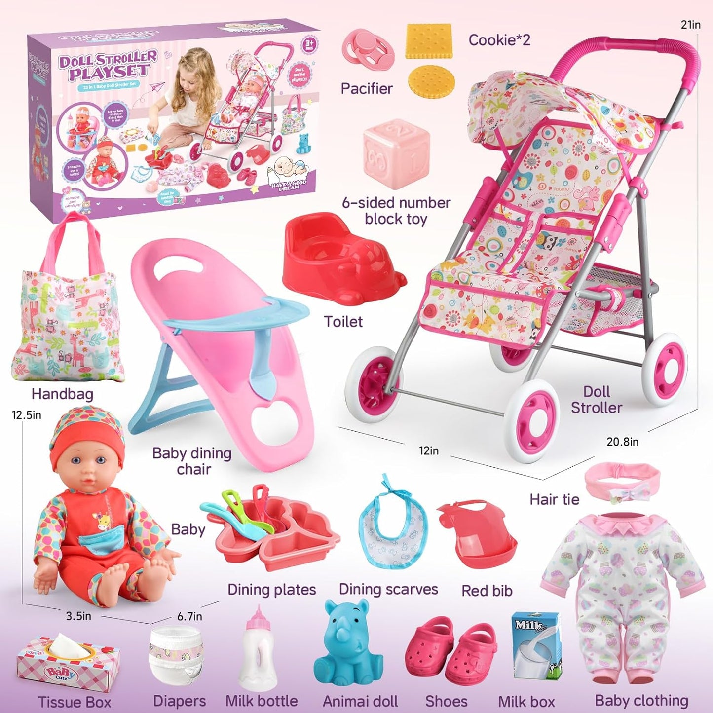 Juego de Cochecito de Muñeca Bebé, Juguetes para Niñas Pequeñas de...