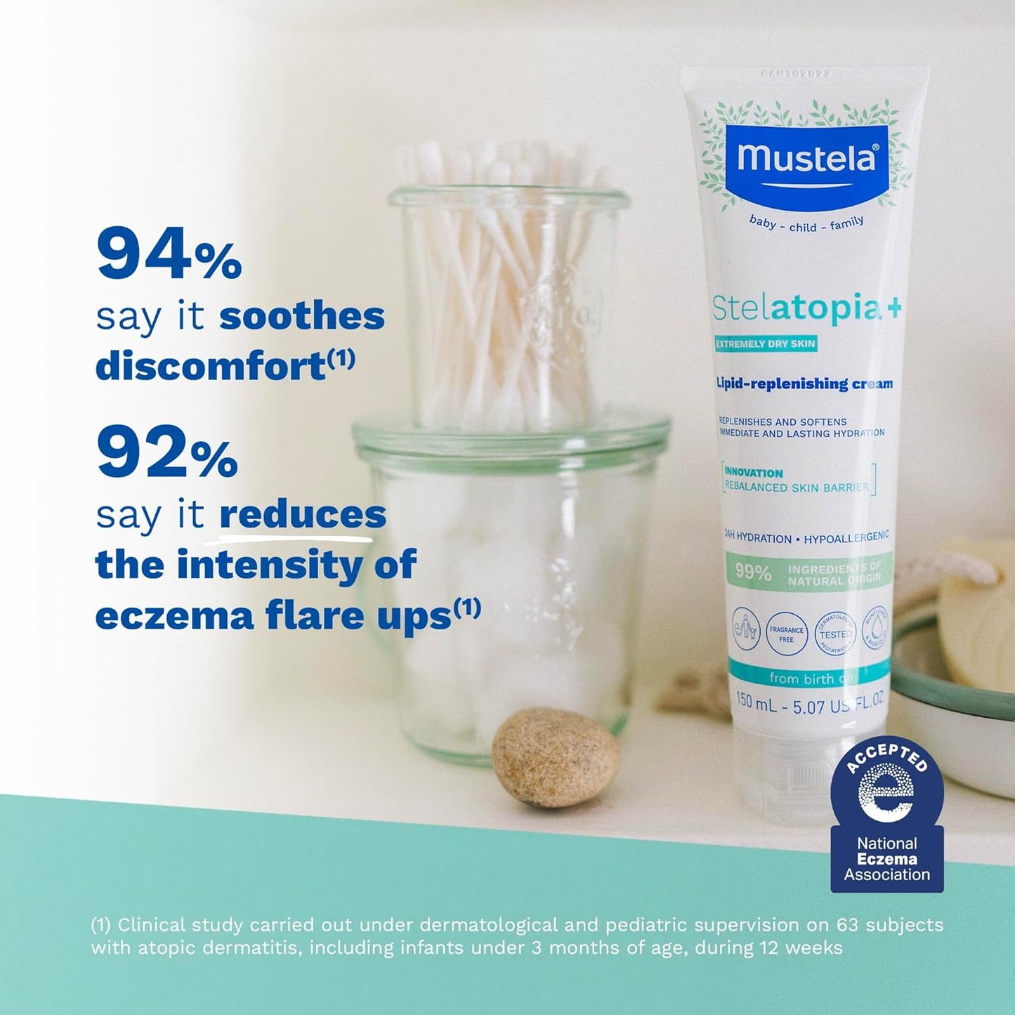 Mustela Stelatopia+ - Crema Reparadora de Lípidos - Hidratante para Piel con Tendencia al Eczema - Con Aceite Natural de Girasol y Prebiótico - Para Bebés, Niños y Adultos - Sin Fragancia - 5.07 onzas