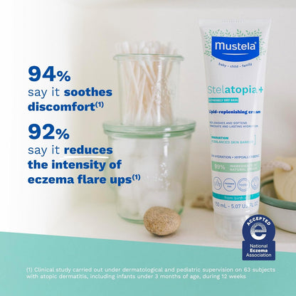 Mustela Stelatopia+ - Crema Reparadora de Lípidos - Hidratante para Piel con Tendencia al Eczema - Con Aceite Natural de Girasol y Prebiótico - Para Bebés, Niños y Adultos - Sin Fragancia - 5.07 onzas