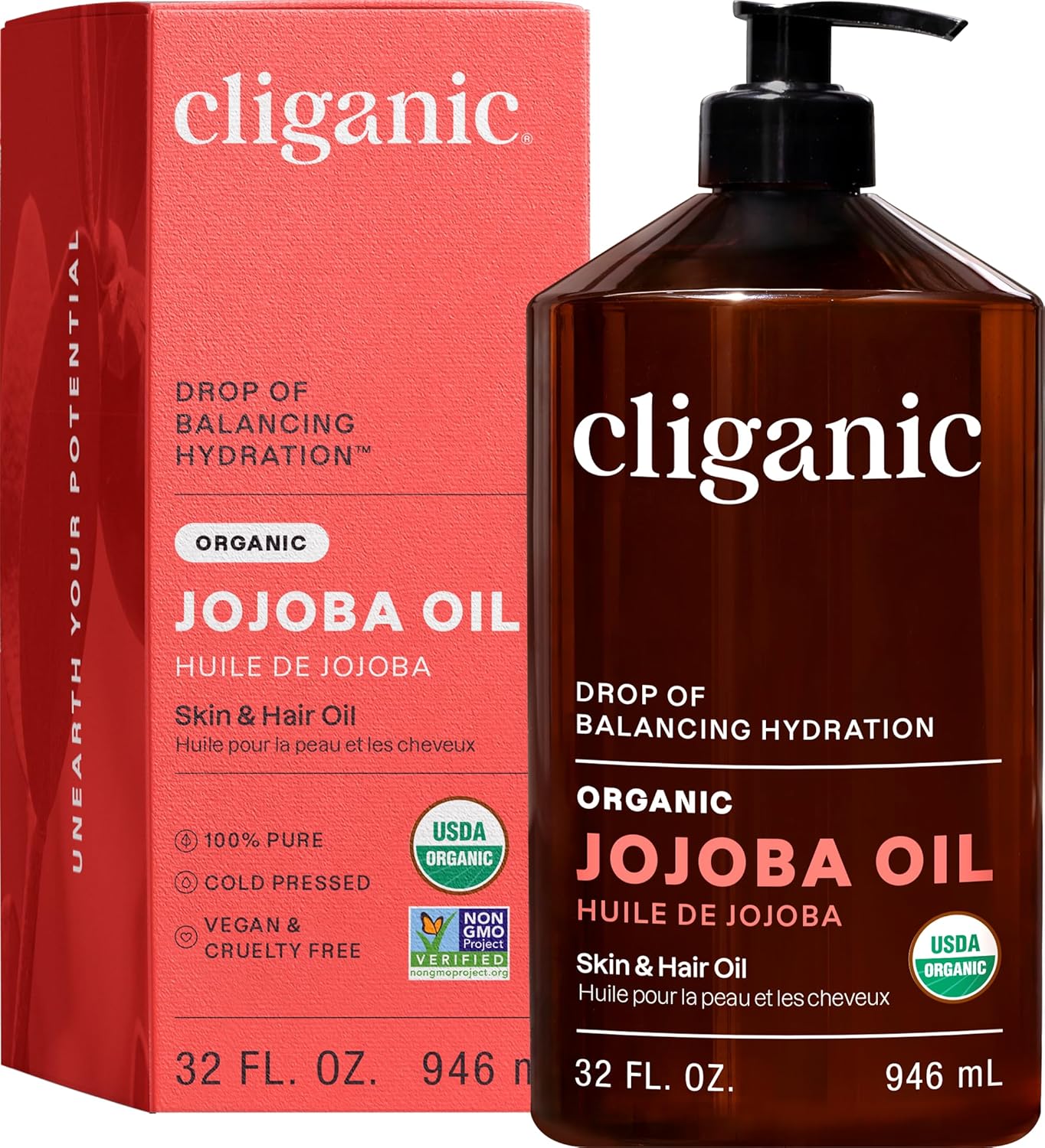 Cliganic Aceite de jojoba sin OMG, a granel 32 onzas, aceite 100% p...