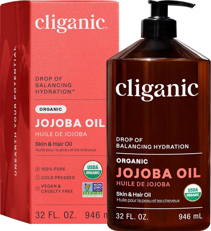 Cliganic Aceite de jojoba sin OMG, a granel 32 onzas, aceite 100% p...