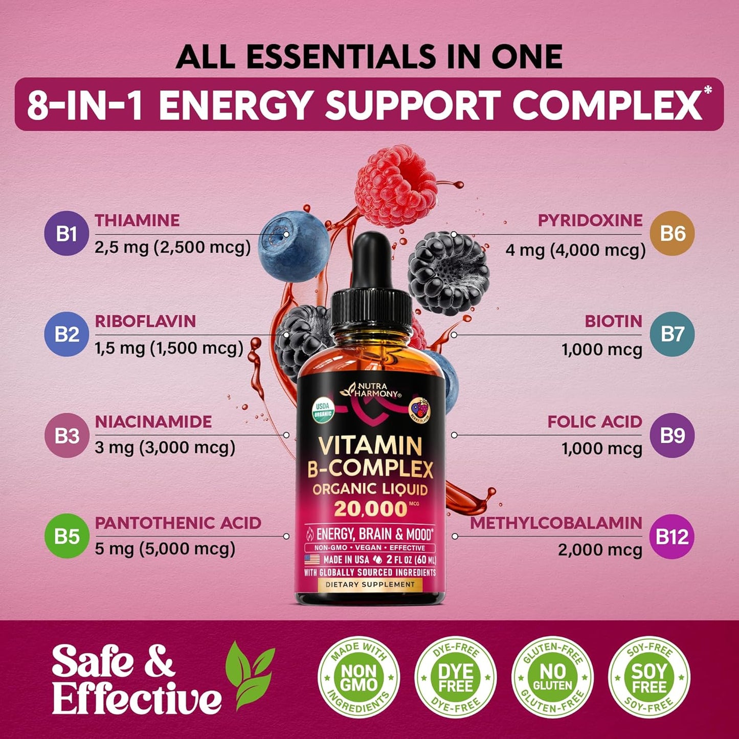 Vitamina B-Complex orgánico USDA B5 ácido pantoténico | B12 metilco...