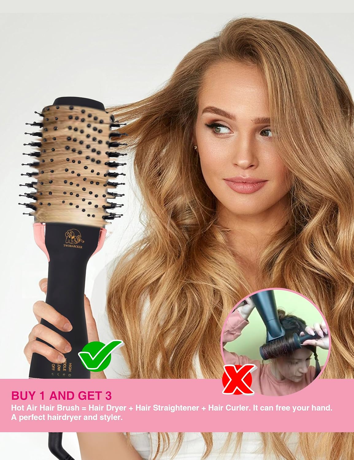 Cepillo Secador de Cabello, Cepillo Secador en Uno, Secador de Cabello Iónico y Estilizador Voluminizador 4 en 1 con Barril Ovalado de Titanio, Alisador de Aire Caliente para Peinado Suave Sin Frizz