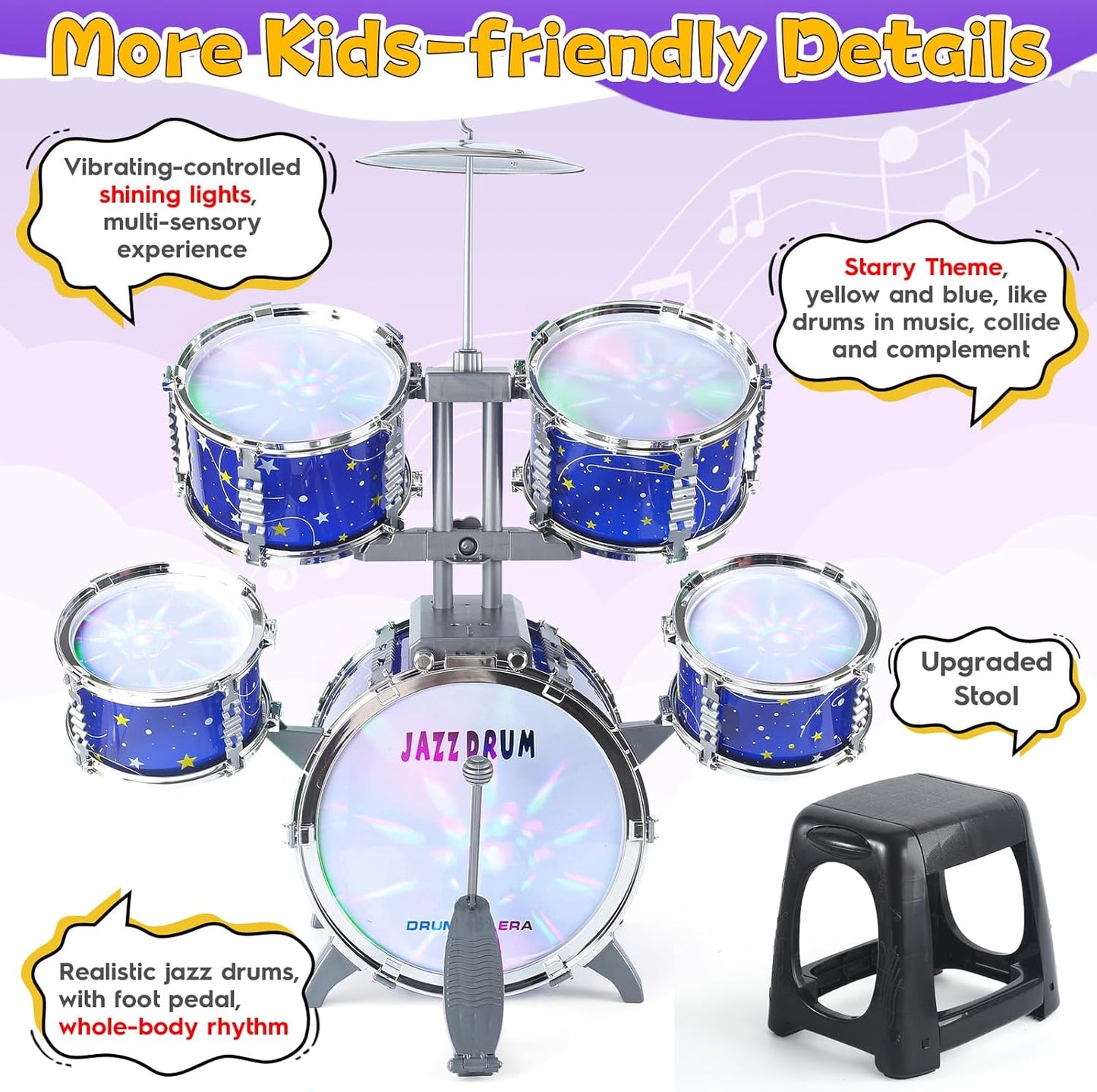 Juego de batería para niños de 1 a 3 años, batería de jazz para niños de 3 a 5 años, juguetes de instrumentos musicales con luz de estrellas para niños y niñas de 2-5, 4, 6, 5-7 (todo de plástico)