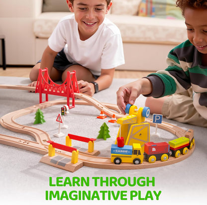 Juego de trenes de madera de 60 piezas, trenes magnéticos de juguet...