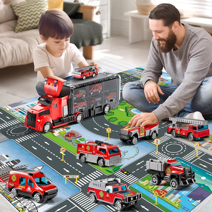 NIPLOOOW Juego de Camiones de Bomberos con Alfombra de Juego, Juego...