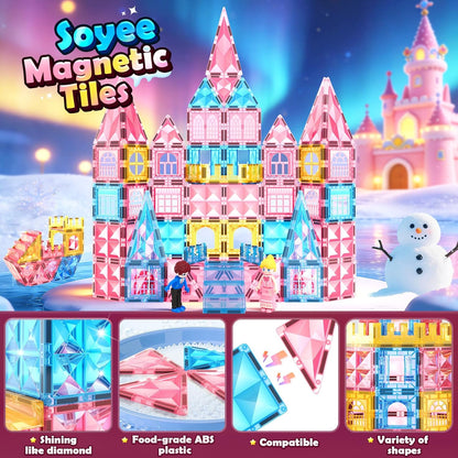 Magnetic Tiles 102pcs with 2 Stairs 2 Dolls Princess Castle Magneti...