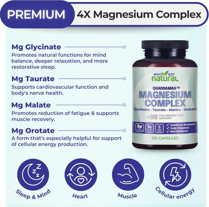 Suplemento Complejo de Magnesio 4 en 1 - Mezcla de glicinato, taurato, malato y orotato - 300 mg por porción, 120 cápsulas