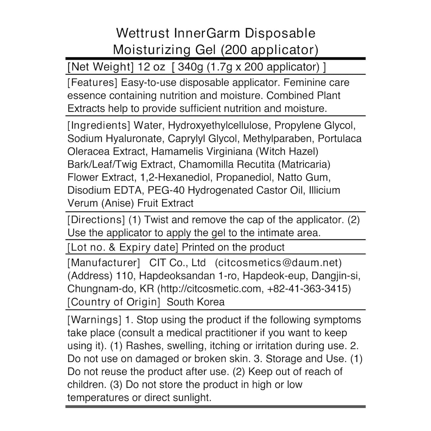 Wettrust InnerGarm Gel Hidratante Desechable 0.06 oz Cada Paquete d...