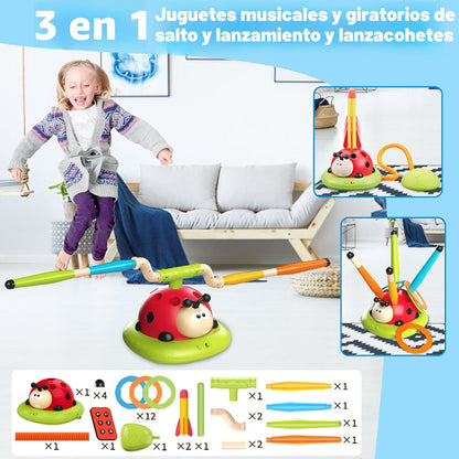 Engfa Juego de salto musical 3 en 1, juego de lanzar anillos y lanzador de cohetes pisoteador para niños, juguetes para niñas y niños de 3-5 años, juguete deportivo y al aire libre para edades de 5-7