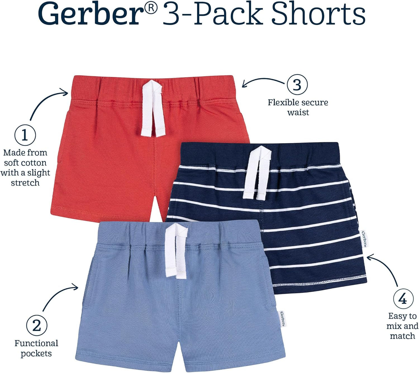 Gerber Paquete de 3 pantalones cortos de punto para bebé niño