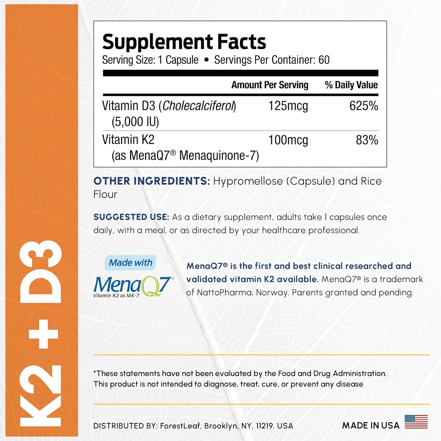 Suplemento ForestLeaf de vitamina D3 + K2 (MK7) - MenaQ7 - Calcio y...