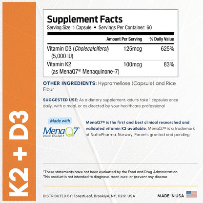 Suplemento ForestLeaf de vitamina D3 + K2 (MK7) - MenaQ7 - Calcio y...