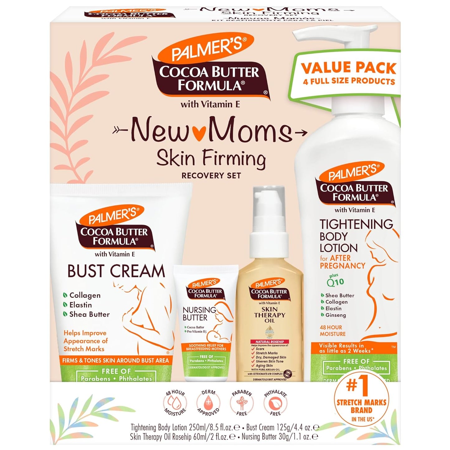 Palmer's Cocoa Butter Formula New Moms Skin Recovery Postpartum Essentials, Loción para el cuerpo (8.5 oz) + Mantequilla para lactancia (1.1 oz) + Crema para el busto (4.4 oz) + Aceite de terapia para