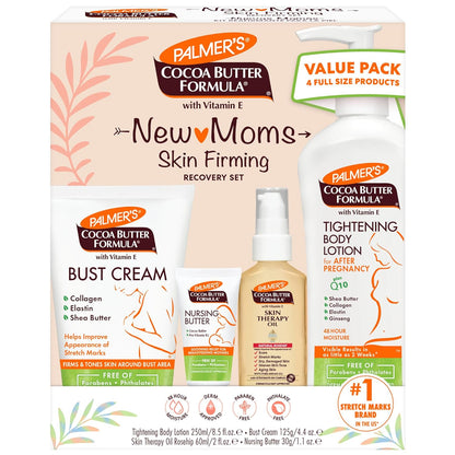 Palmer's Cocoa Butter Formula New Moms Skin Recovery Postpartum Essentials, Loción para el cuerpo (8.5 oz) + Mantequilla para lactancia (1.1 oz) + Crema para el busto (4.4 oz) + Aceite de terapia para