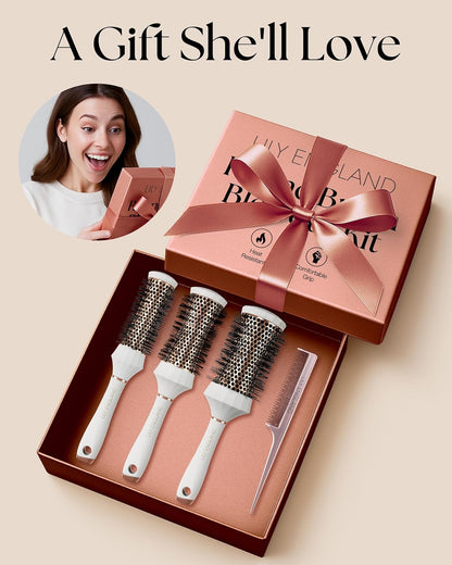 Lily England Juego de Cepillos Redondos para el Cabello, Kit Profesional de Secado con Secador de 4 Piezas con 3 Cepillos Redondos y Peine para Peinado, Juegos de Regalos de Belleza para Mujeres