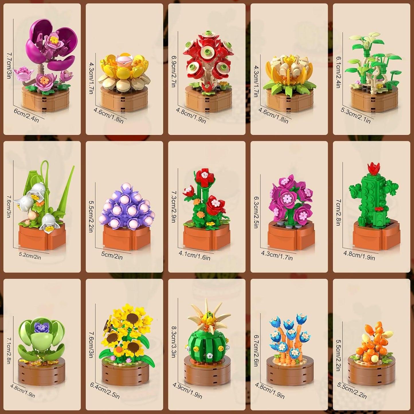 Paquete de 15 mini construcción de flores y plantas, 1314 piezas de suculentas de flores de 0.142 in, colección botánica, juguete de bloque para decoración del hogar, oficina, regalos de cumpleaños de Pascua para adultos, mujeres, niños y niñas mayores de
