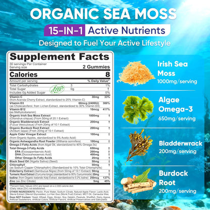 Gomitas de musgo marino + algas omega-3 para hombres y mujeres, veg...