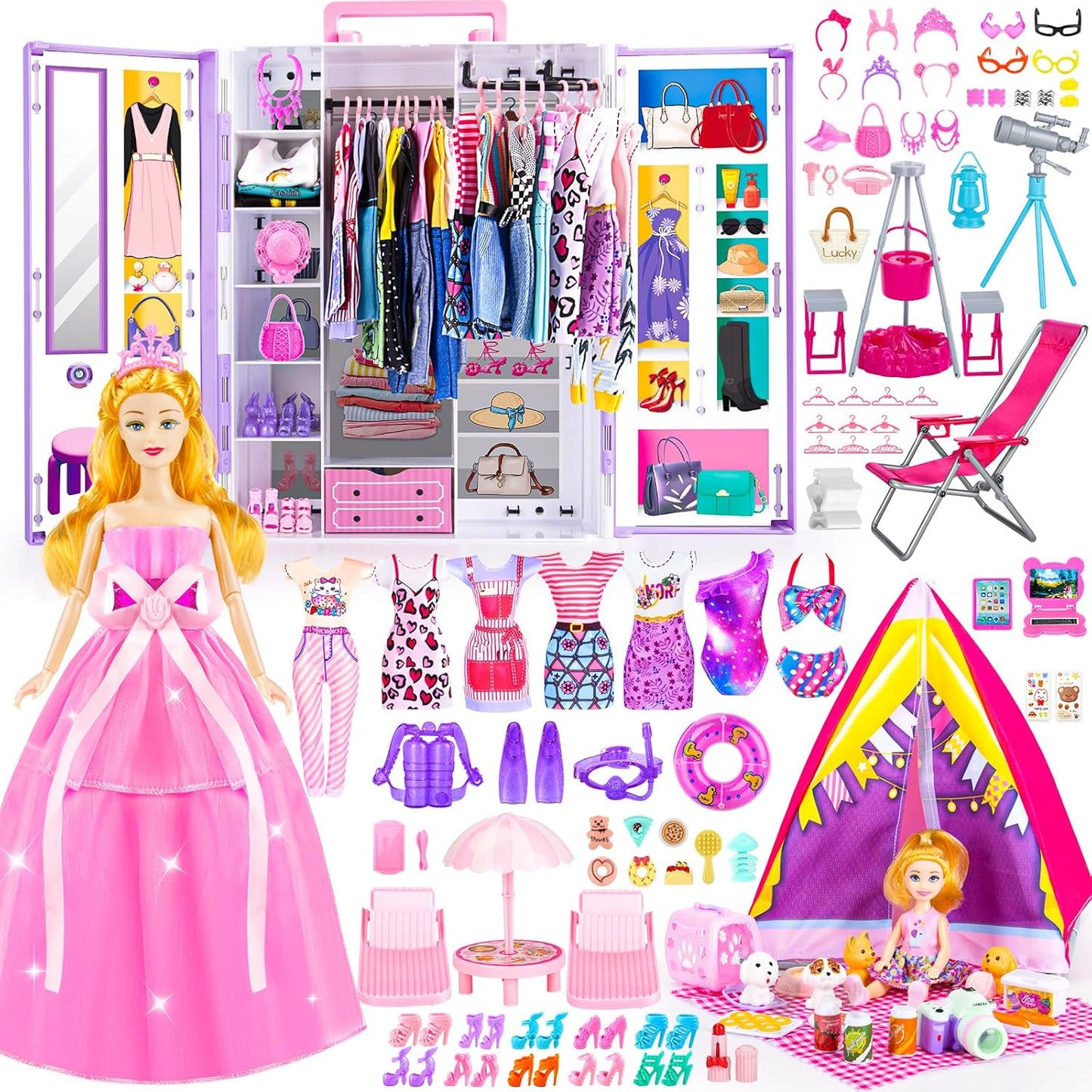 Armario de muñecas de 164 piezas con juego de ropa y accesorios par...
