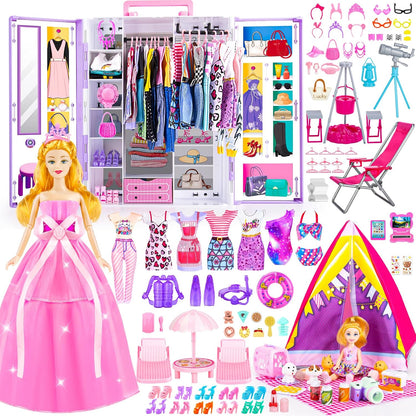 Armario de muñecas de 164 piezas con juego de ropa y accesorios par...