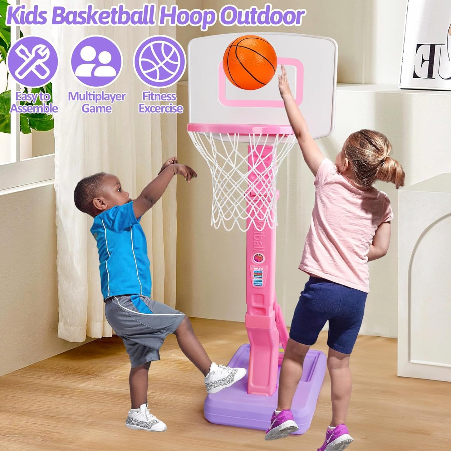 Aro de baloncesto para niñas pequeñas, rosa, ajustable, mini, con b...