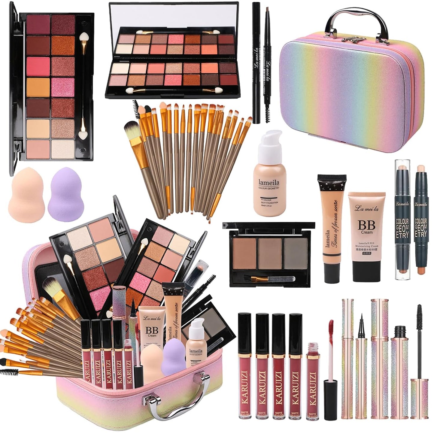 Set de maquillaje para niñas, kit de maquillaje arcoíris, cajas de belleza con pinceles y cosméticos, organizador de estuche de maquillaje elegante, rosa