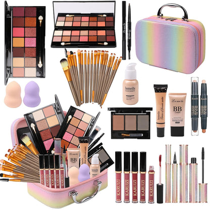 Set de maquillaje para niñas, kit de maquillaje arcoíris, cajas de belleza con pinceles y cosméticos, organizador de estuche de maquillaje elegante, rosa