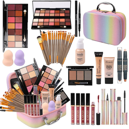 Set de maquillaje para niñas, kit de maquillaje arcoíris, cajas de belleza con pinceles y cosméticos, organizador de estuche de maquillaje elegante, rosa