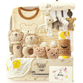 Golray 9 piezas Cestas de Regalo para Bebés Recién Nacidos para Niños y Niñas Baby Shower, 2 Sonajeros/Juguete Colgante de Asiento/Manta/Body/Babero/Calcetines 3D/Hito de Madera/Caja de Transporte