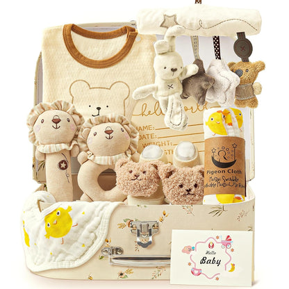 Golray 9 piezas Cestas de Regalo para Bebés Recién Nacidos para Niños y Niñas Baby Shower, 2 Sonajeros/Juguete Colgante de Asiento/Manta/Body/Babero/Calcetines 3D/Hito de Madera/Caja de Transporte