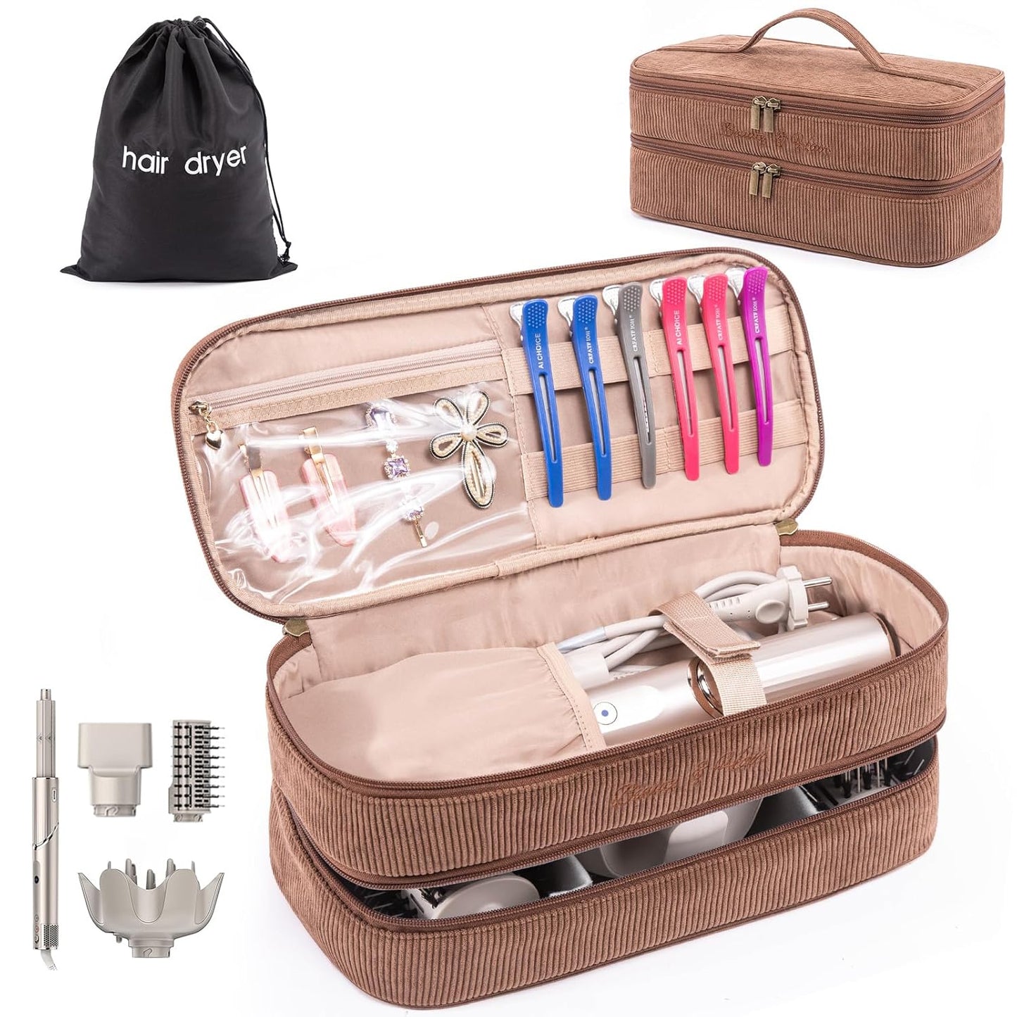 ELCUPA Estuche de viaje para herramientas de cabello de doble capa...