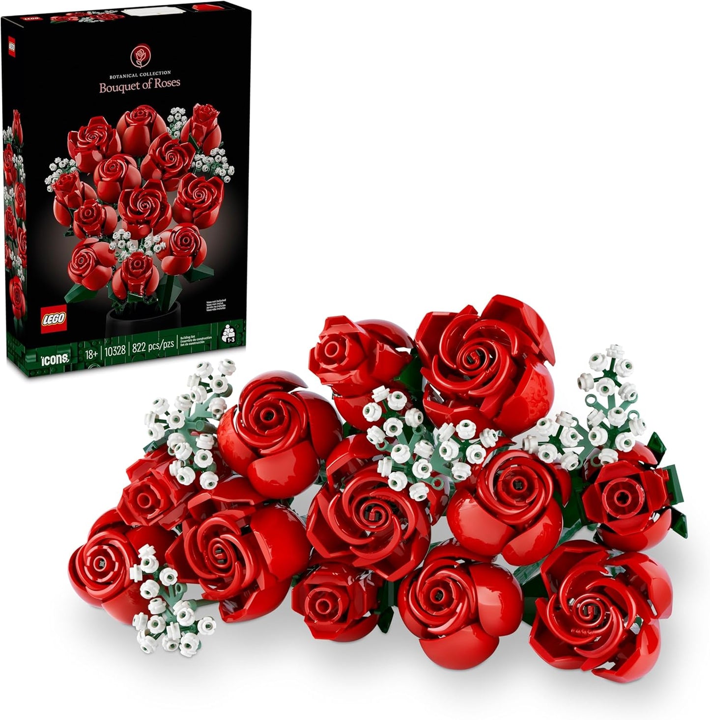 LEGO Botanicals - Ramo de rosas artificiales, juego de construcción de rosas rojas falsas para adultos, mayores de 18 años, regalos para el día de San Valentín para ella, decoración del hogar para