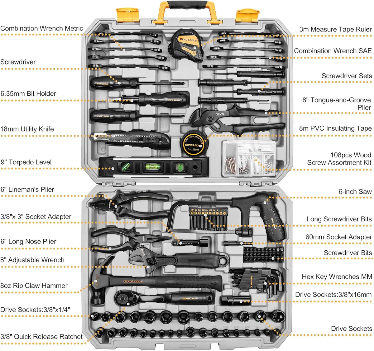 DEKOPRO Kit de herramientas manuales para el hogar general de 218 piezas, juego de herramientas profesionales de reparación de automóviles para propietarios de viviendas, juego de herramientas