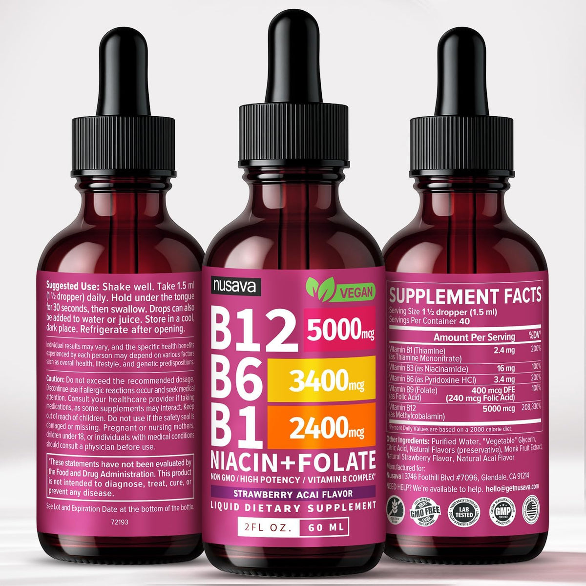 NUSAVA Vitamina B12 5000mcg con gotas líquidas B6 y B1, Acai de fre...
