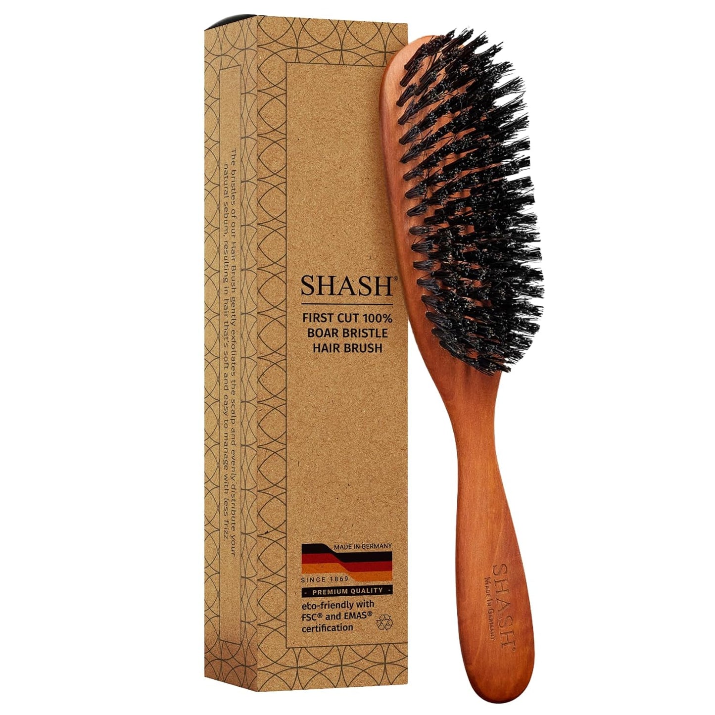 SHASH Cepillo de pelo clásico alemán de primer corte 100% con cerdas de jabalí desde 1869 – Acondiciona el cabello, mejora la textura, exfolia el cuero cabelludo, fino a normal, no para cabello grueso