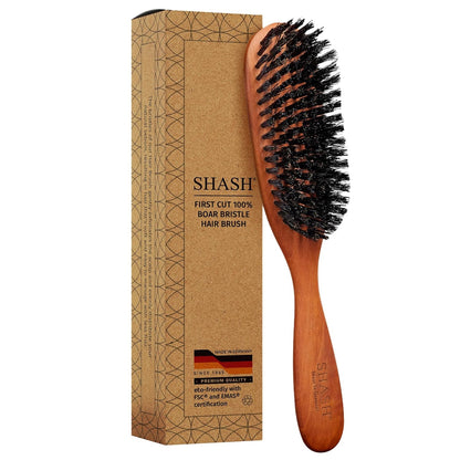 SHASH Cepillo de pelo clásico alemán de primer corte 100% con cerdas de jabalí desde 1869 – Acondiciona el cabello, mejora la textura, exfolia el cuero cabelludo, fino a normal, no para cabello grueso