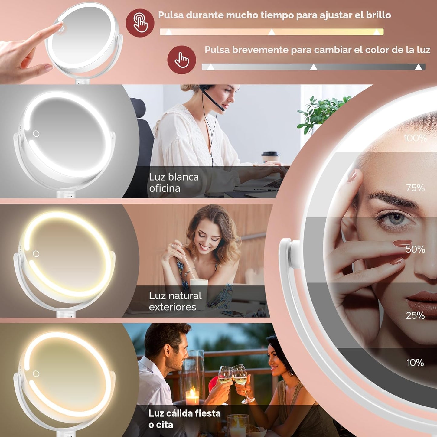 B Beauty Planet Espejo de maquillaje con luces, espejo de aumento i...
