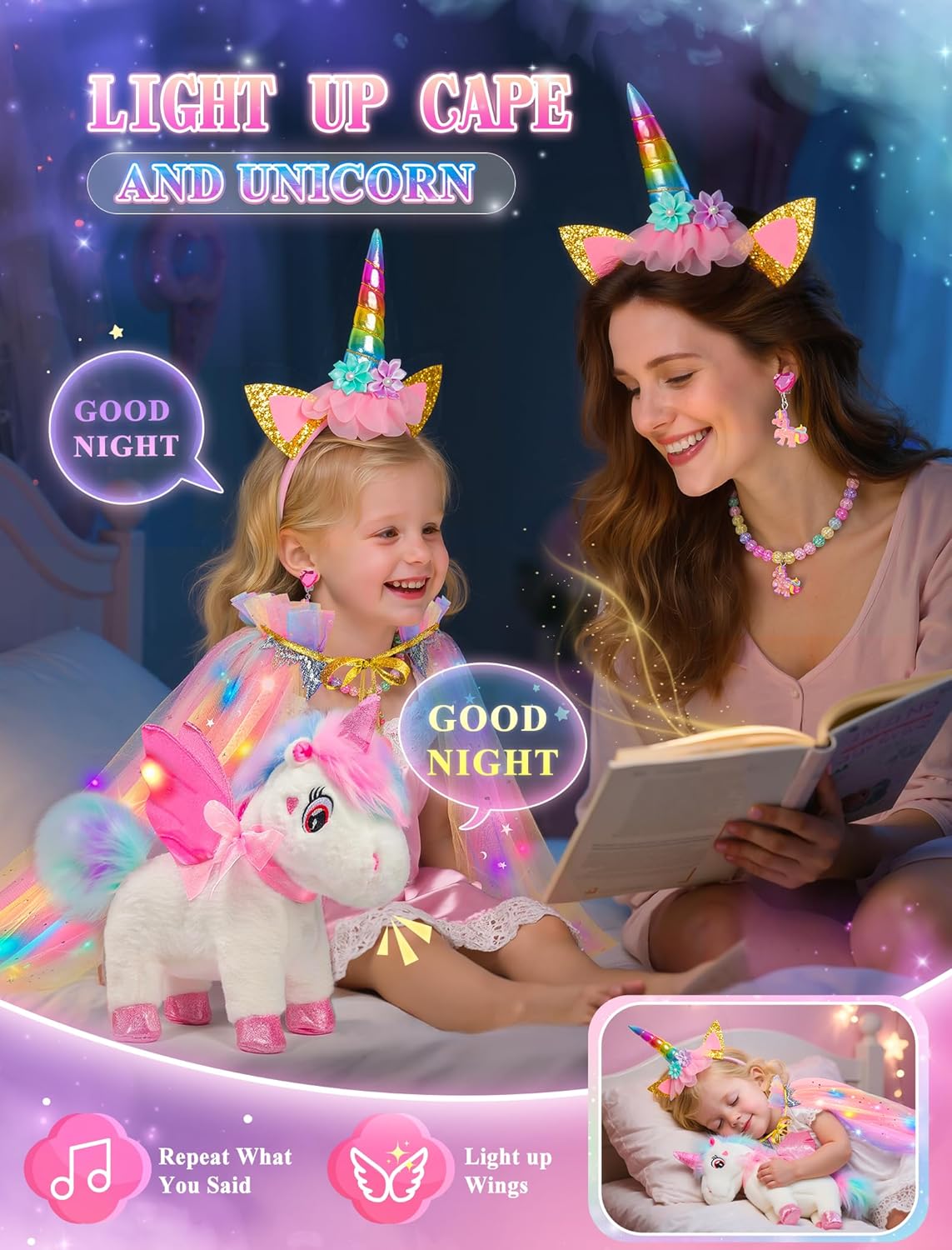 Juguetes de unicornio para niñas de 4 a 6 años, regalos de unicornio, unicornio interactivo que camina, habla, canta con capa de princesa iluminada, juguete de peluche de unicornio con