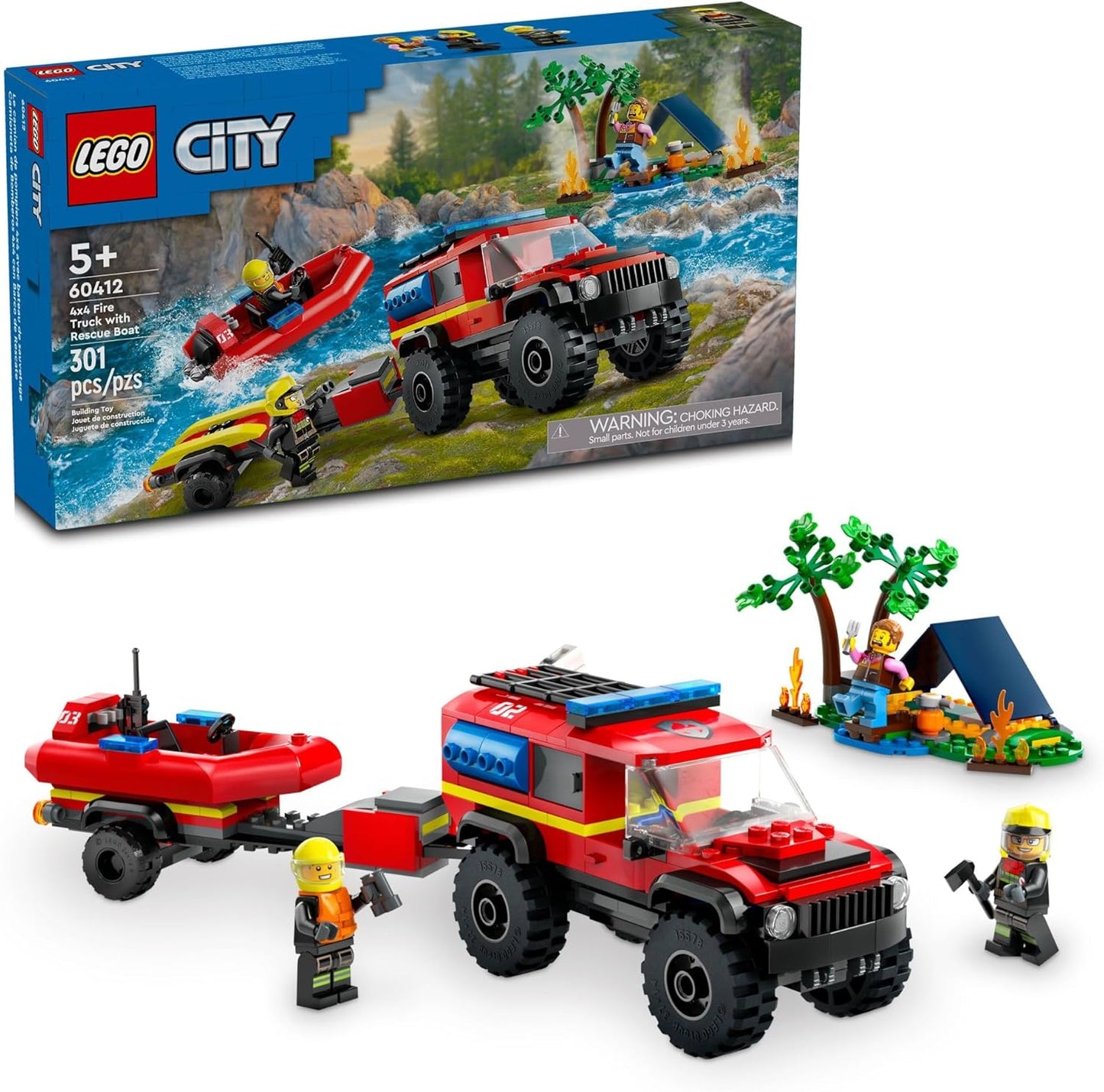 LEGO City Camión de Bomberos 4x4 con Bote de Rescate Juguete para Niños de 5 Años en Adelante, Juego de Simulación para Niños y Niñas con un Juguete de Camión, Remolque, Lancha Auxiliar y Tienda de