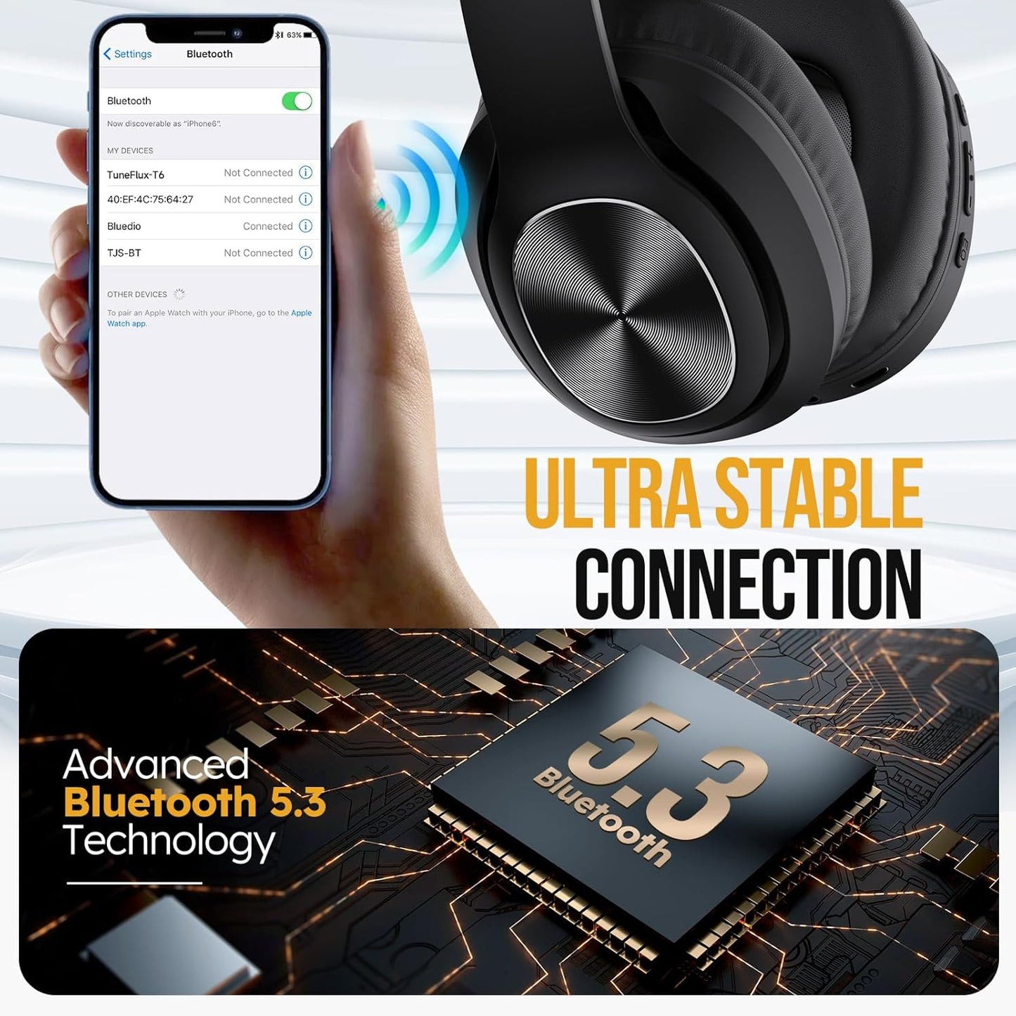 TuneFlux Auriculares inalámbricos Bluetooth sobre la oreja, tiempo...